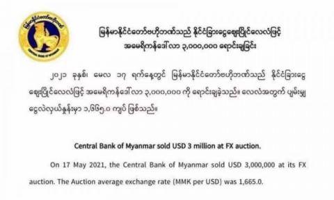 为稳定汇率 缅甸央行在一周内累计抛售1500万美元